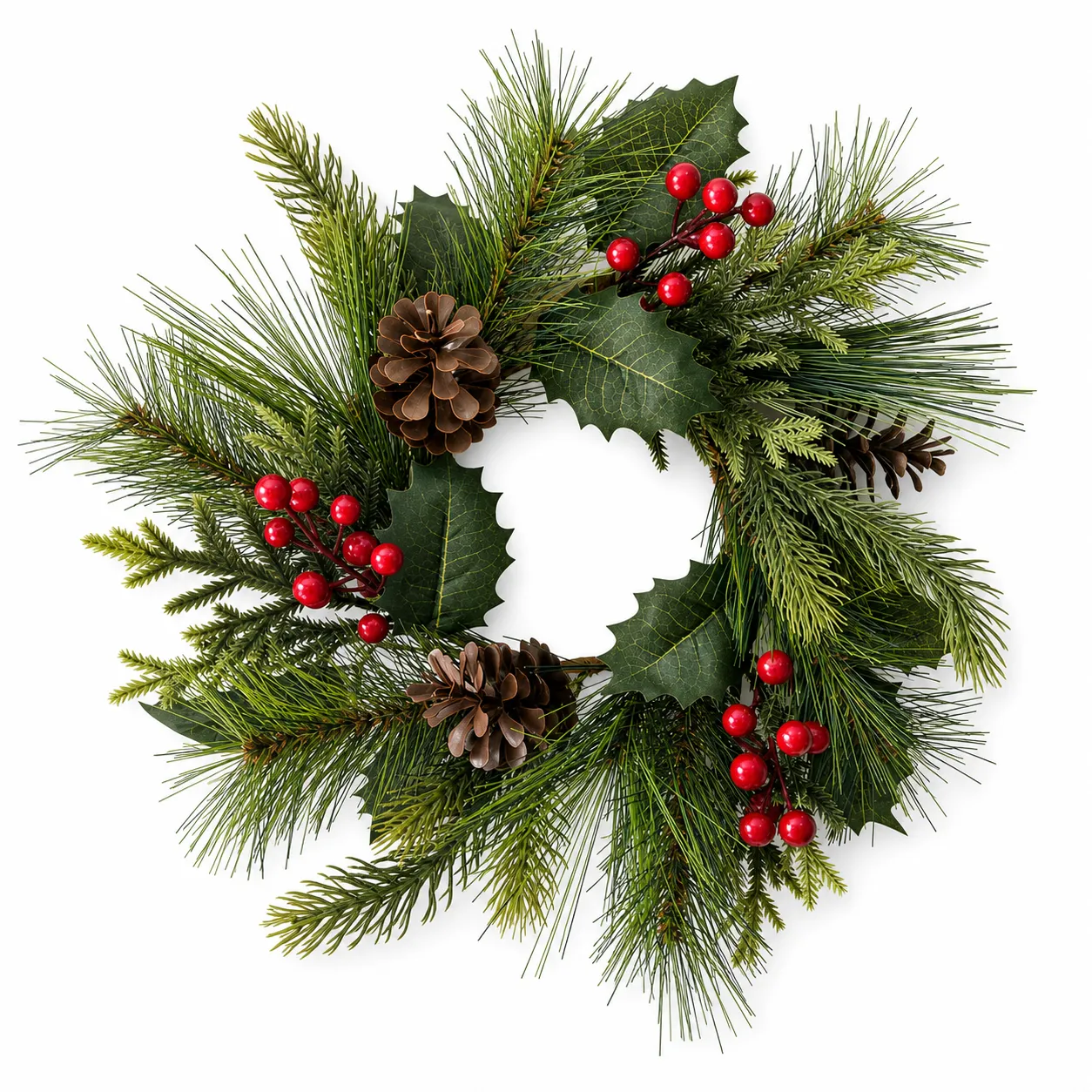 Christmas-Wreath-with-Red-Berries-Pinecones-and-Holly-Leaves