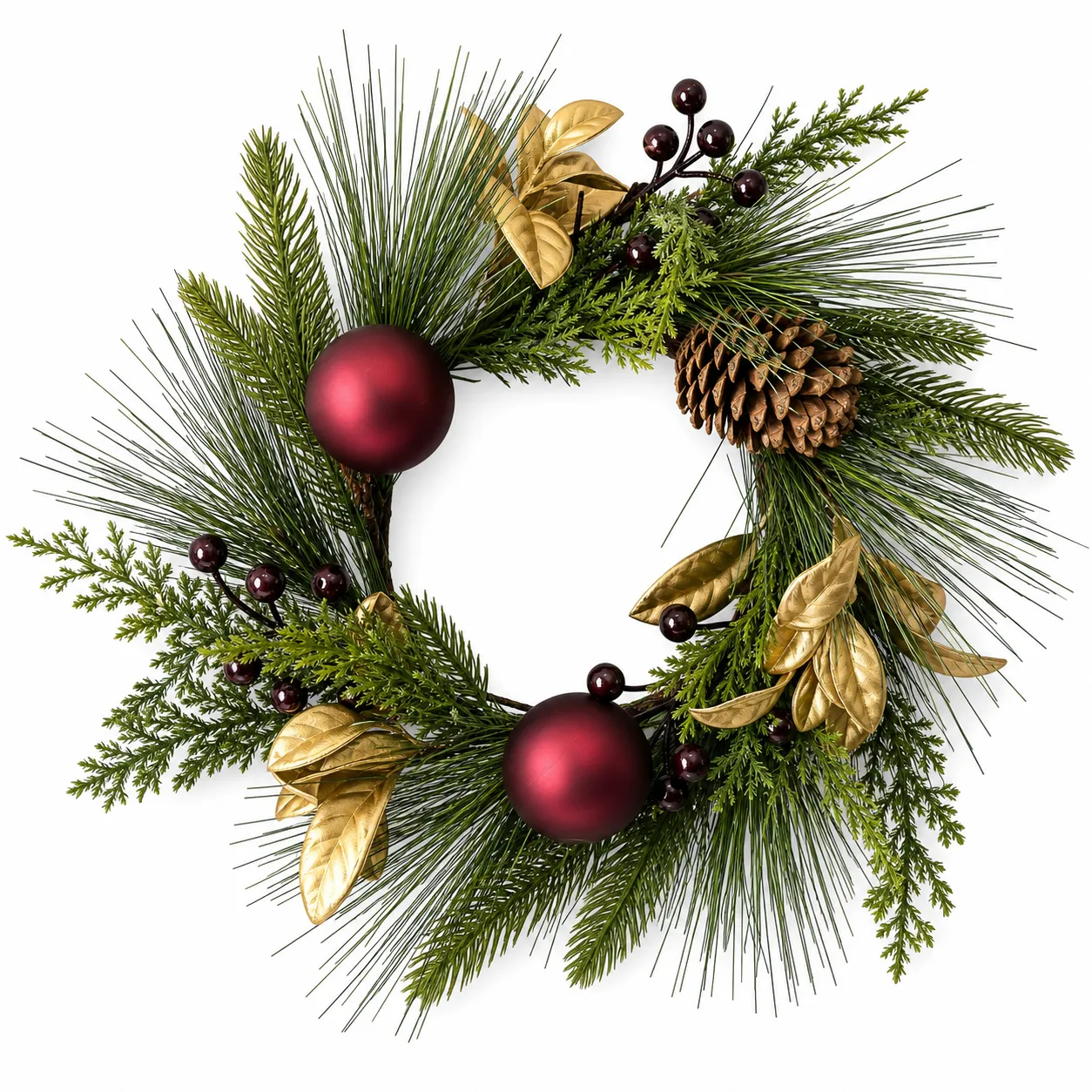 Christmas-Candle-Ring-with-Burgundy-Ornaments-Pinecones-and-Gold-Leaves