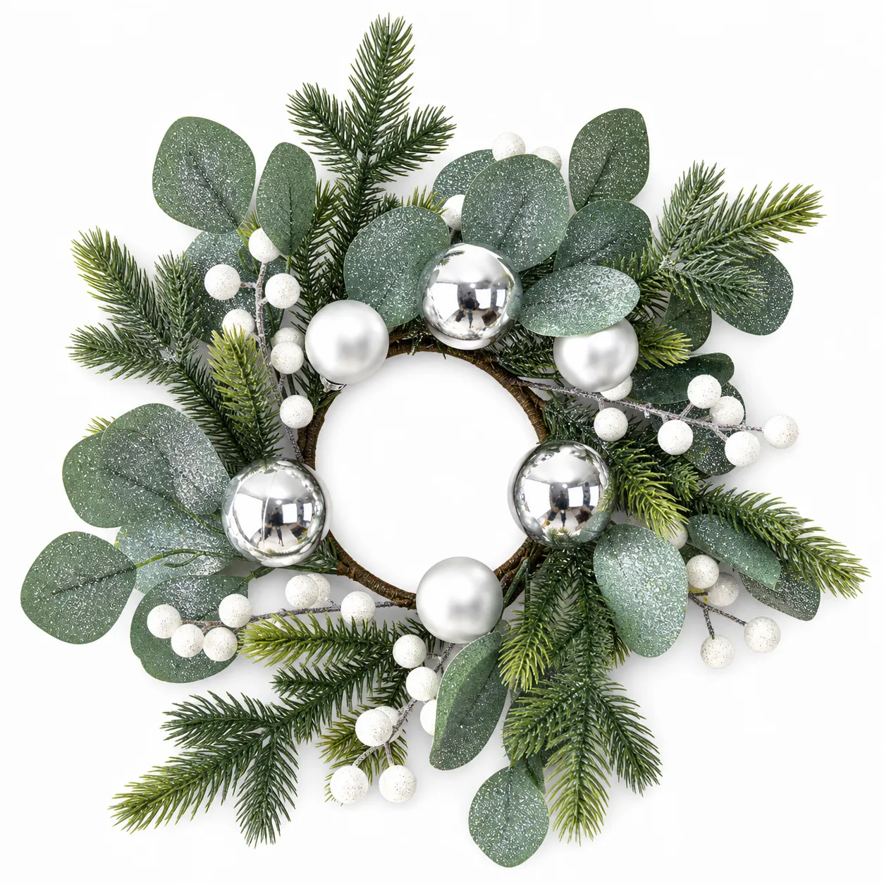 Silver-White-Christmas-Candle-Ring-with-Eucalyptus-and-Berries